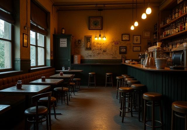 改装前の喫茶店の内装、古い木製の家具と暗い照明